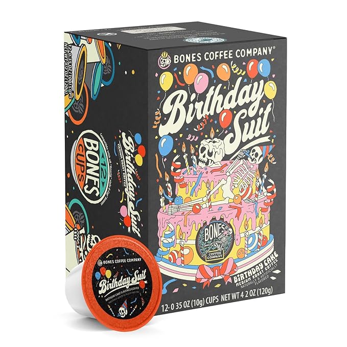 Bones Coffee Company Birthday Suit, Birthday Cake Flavored Coffee Pods, Low Acid Medium Roast Single-Serve Bones Cups, Compatible with 1.0 & 2.0 K-Cups Brewers Coffee Maker, 12 Count