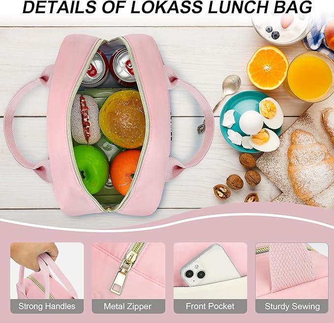 LOKASS Lunch Bag for Women-Insulated Adults Lunch Box with Front Pocket- Small Cute Lunch Tote for Work-Reusable Cooler Bag for Office Picnic Beach or Travel (Pink