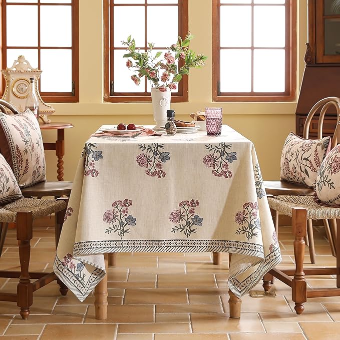 ISAENNE Designer Linen Light Beige Rectangular Tablecloth,French Colorful Floral Table Cloth,Stain Resistant Decor Tablecloths for Dining Thanksgiving Christmas Kitchen,55"*79"-Helena E