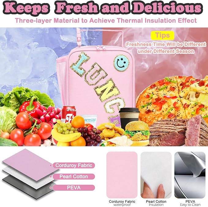 FlowFly Lunch box Insulated Soft Bag Mini Cooler Back to School Thermal Meal Tote Kit With Buckle and Mesh Side Pocket for Girls, Boys, PinkWithLetter