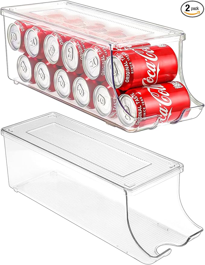 Puricon 2 Pack Soda Can Organizer Dispenser for Refrigerator, Plastic Canned Food Pop Beverage Container Holder Storage Bin with Lid for Freezer Rack Pantry Cabinet Cupboard Kitchen -Standard