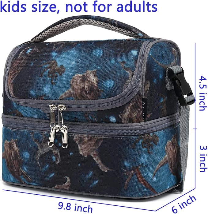 FlowFly Double Decker Cooler Insulated Lunch Bag Large Tote for Boys, Girls, Men, Women, With Adjustable Strap, MyDinosaur