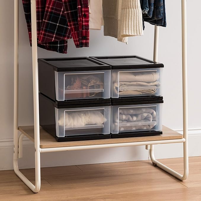 IRIS USA Plastic Stacking, Storage Organizer Unit with Sliding Drawer for Clothes Bedroom Kitchen Under Sink Pantry Craft Room Bathroom Dorm Office, 7 Qt. - 4 Pack, Black