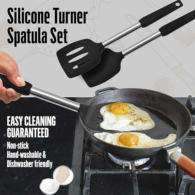 Silicone Spatulas set for kitchen: Heat Resistant Turner & Slotted Silicone Spatula for Cooking, Non Toxic Kitchen Utensils, Ideal kitchen spatula turner for Eggs & Pancakes - Black