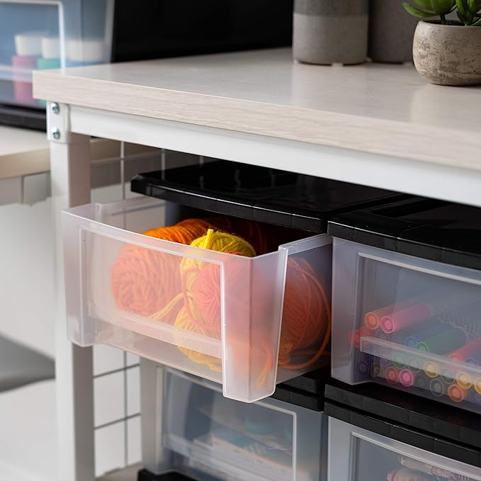 IRIS USA Plastic Stacking, Storage Organizer Unit with Sliding Drawer for Clothes Bedroom Kitchen Under Sink Pantry Craft Room Bathroom Dorm Office, 7 Qt. - 4 Pack, Black