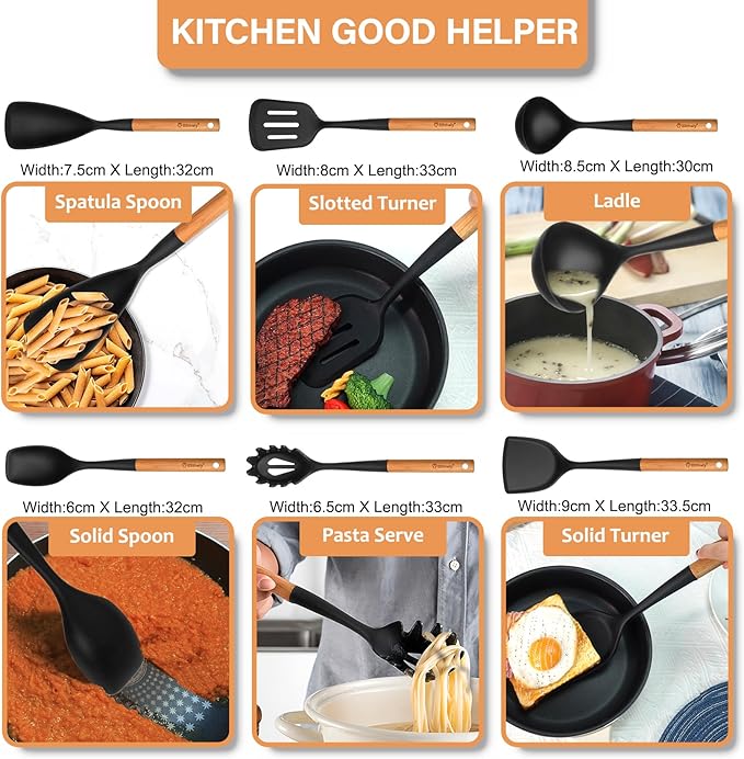 Large Silicone Kitchen Utensils Set, 6 PCS Nonstick Cooking Utensils Set with Wooden Handle, Heat Resistant and BPA Free Silicone Utensil Spatula Set for Cooking with Turner, Spoon and Ladle(Black)