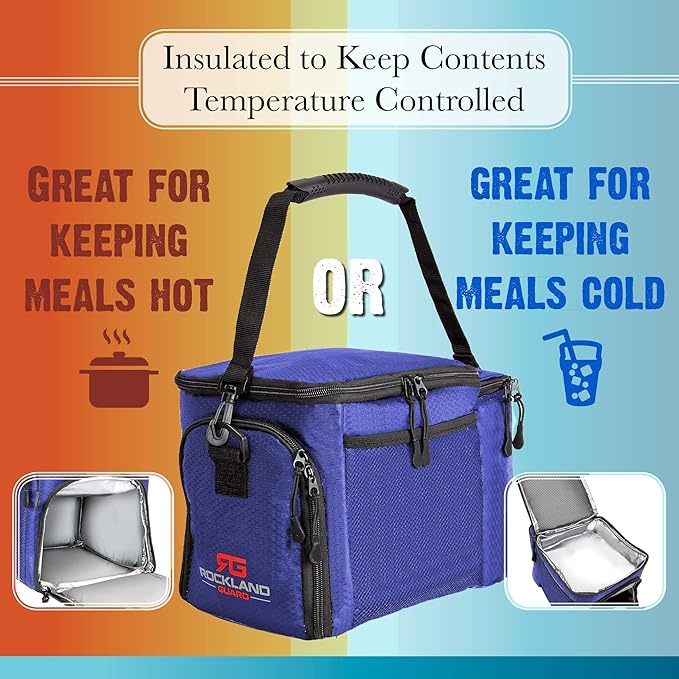Rockland Guard Insulated Lunch Bag for Men - Lunch Box for Women with Compartments for Meal Prep Containers, Bottles, Snacks, Extra Storage Pockets - Lunchbox for Work, Travel, Picnic, Camping - Blue