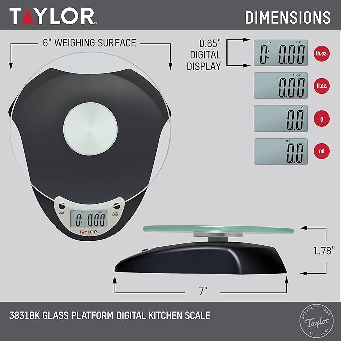 Taylor Digital Kitchen Scale with Glass Platform, Tare Button, and Plastic Body Weighs up to 11 Pounds Capacity, Black