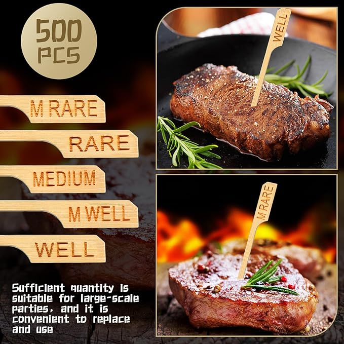 Soaoo 1000 Pcs 3.5" Assorted Bamboo Wood Temperature Picks Steak Temperature Sticks Meat Doneness Steak Markers Bamboo Paddle Skewers Sticks for BBQ Barbecue Party Cocktail Fruit Grilling Roasting