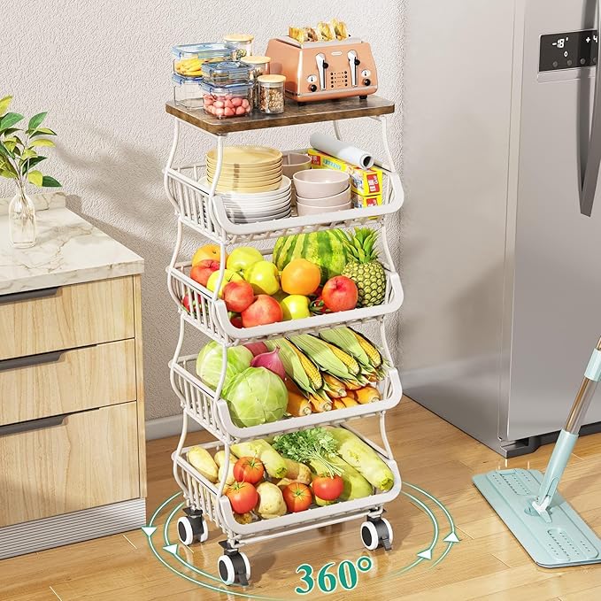 SAYZH Fruit Basket for Kitchen with Wood Top 5 Tier, Stackable Fruit and Vegetable Storage Cart, Wire Storage Basket with Wheels, Vegetable Basket Bins Rack for Onions and Potatoes, White