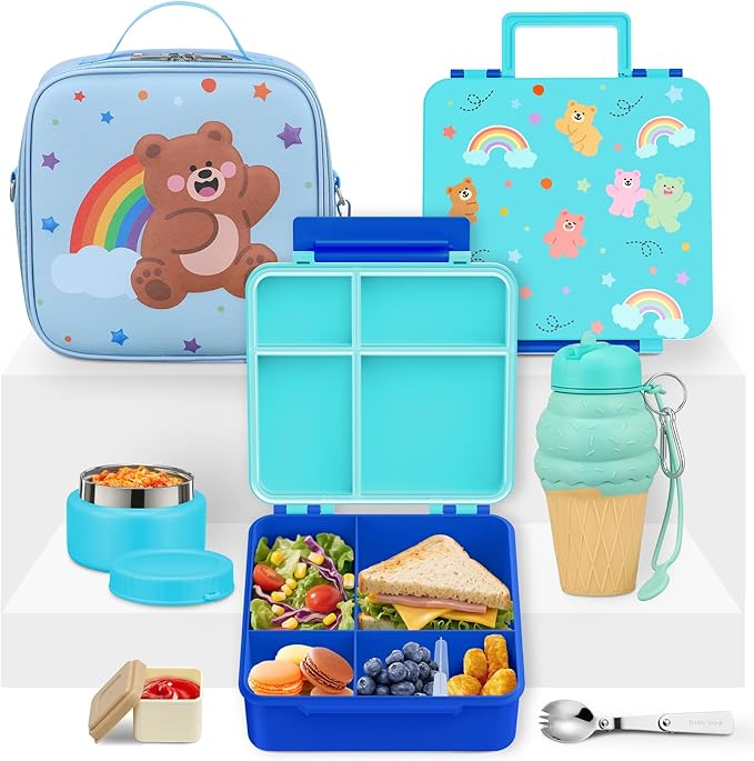 Lunch Box Kids with 5 Compartments, Insulated Food Jar & Utensil & Sauce Container & Lunch Bag & Silicone Collapsible Cup, Leak Proof Bento Box, BPA-Free & Dishwasher Safe-Blue