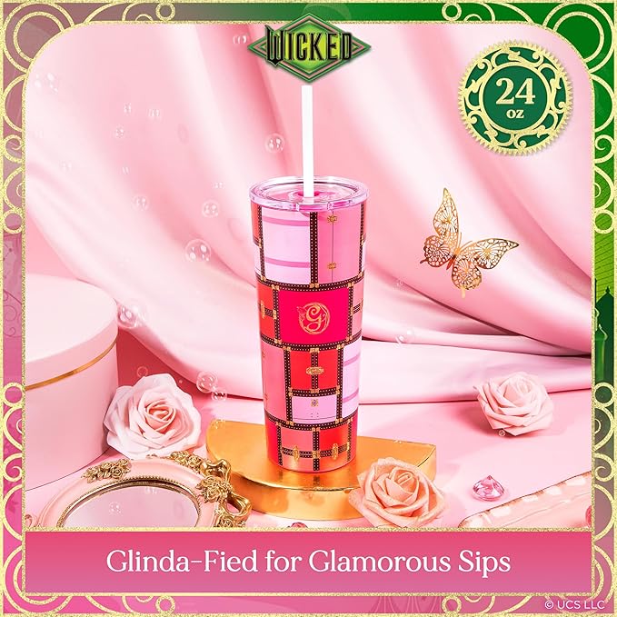 Dragon Glassware x WICKED Vacuum Insulated Tumbler with Lid and Straw - 24 oz Tumbler Cup with 2 Straws - Stainless Steel Tumbler with Straw for Water, Iced Tea - Wicked Glinda Tumbler