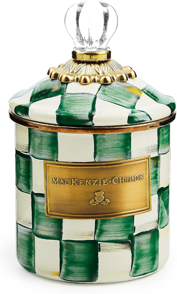 MACKENZIE-CHILDS Demi Enamel Canister, Kitchen Storage Container with Lid, Green-and-White Emerald Check