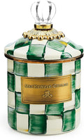 MACKENZIE-CHILDS Demi Enamel Canister, Kitchen Storage Container with Lid, Green-and-White Emerald Check