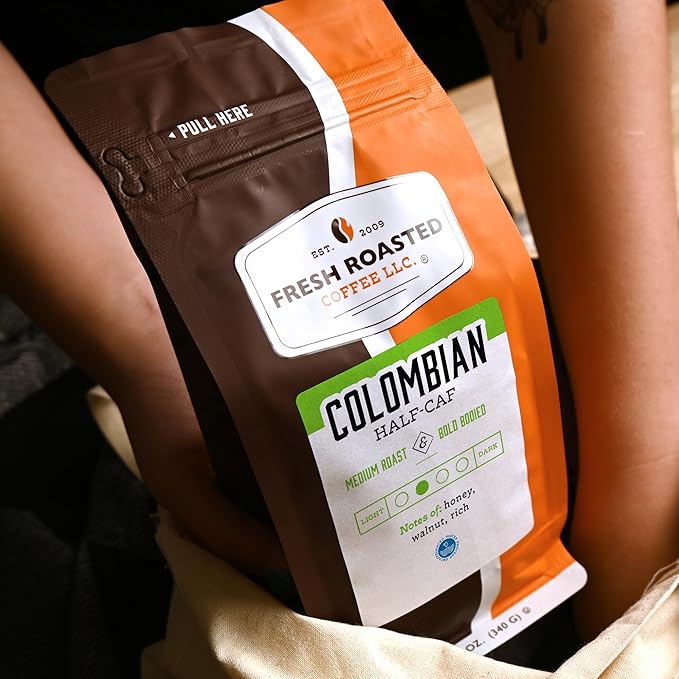 Fresh Roasted Coffee,100% Colombian Water Half-Caf, 12 oz, Medium Roast, Kosher, Whole Bean