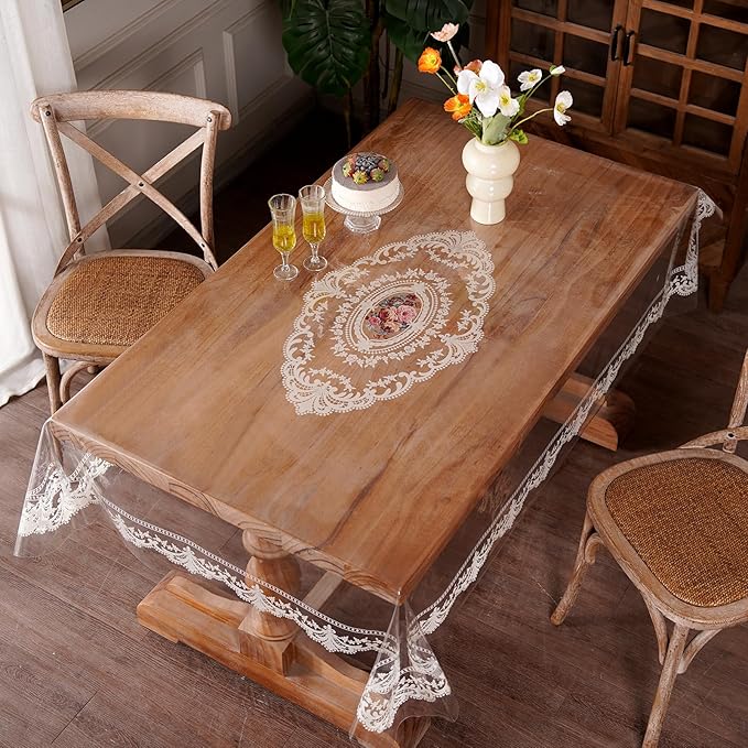 Clear Table Cover Protector Rectangle Vinyl Table Cloth Waterproof Oil Spill Proof Wipe Clean Lace Plastic Tablecloths for Dining Tables (French Lace, 60 x 84 Inches)