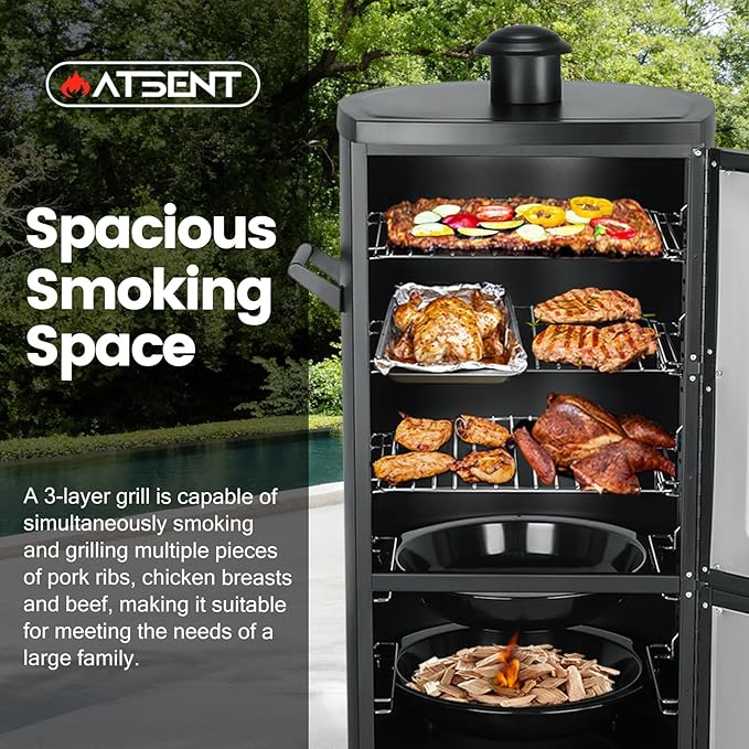 Propane Smoker, Vertical Smoker with Three Removable Shelves,Outdoor Grills & Smokers with Thermometer for BBQ, Backyard,Black…