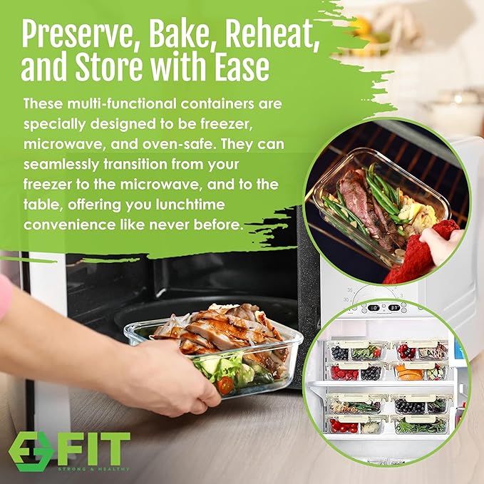 FIT Strong & Healthy Glass Meal Prep Containers, 1 & 2 & 3 Compartments – Adult Bento Box, Beige Food Storage Containers with Lids, Leak-Proof, Oven & Freezer Safe, 35 oz, 3 Pack Lunch Box