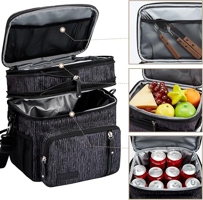 Men's Double Compartment Lunch Bag, Insulated Lunch Cooler Tote 2 Roomy Large Reusable Water-resistant Lunch Box (Blue Print, 15L)