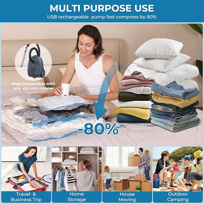Travel Vacuum Bags with Rechargeable Cordless Pump, 20 Pack Vacuum Seal Bags for Clothing Travel Compression, Space Saver Vacuum Storage Bags for Clothes, Blanket, Bedding, Pillows, Comforters