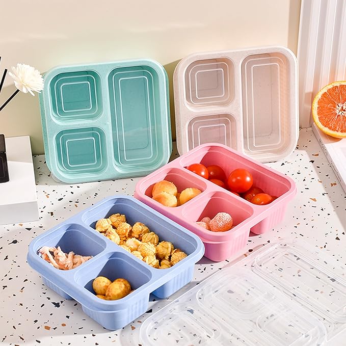 Finorder 4 Pack Wheat Straw Containers, Pastel Multi-color 3 Compartment Reusable Snack Bento Box Toddler, Square Meal Prep Food Containers for Kids, Adults, Office and Travel