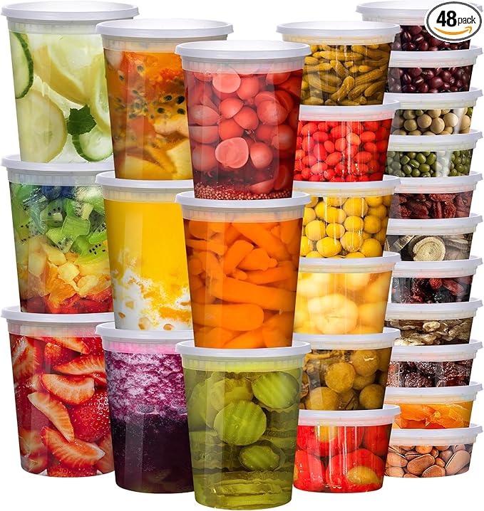 Deli Containers with Lids 48 Sets [8,16, 32 oz 16 Each ] - Food Storage Containers with Lids Freezer Safe, Soup Containers for Restaurant, BPA Free | Portion Control | Leakproof | Microwave