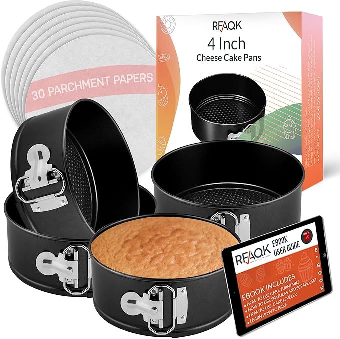 RFAQK 4-Inch Mini Cake Pans Set for Baking - Nonstick 4PCs Small Cheese Pans for Cheesecakes, Pizzas, Quiches, and More! Perfect for Baking Small, Smash, and Mini Treats