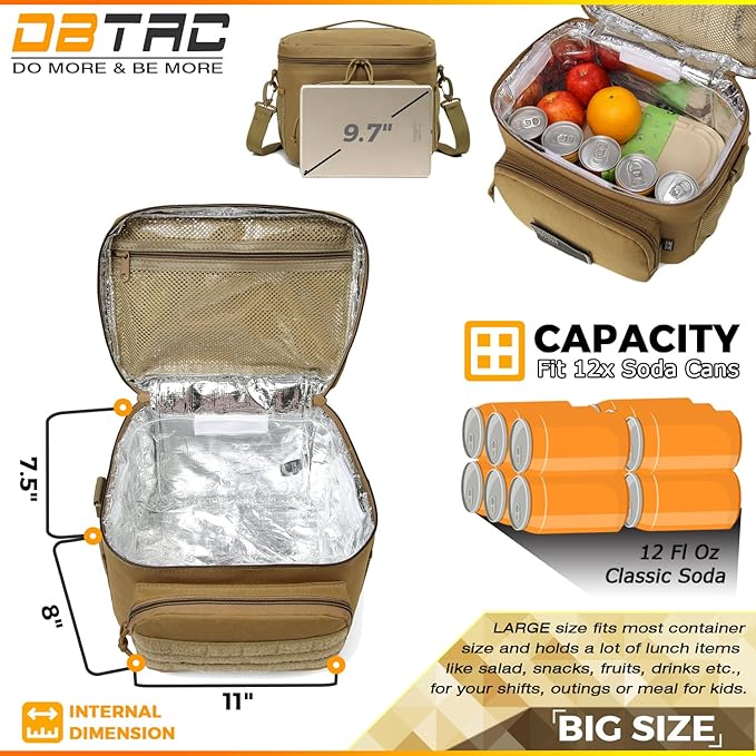 DBTAC Tactical Lunch Bag for Men Women, 12 Cans Insulated Lunch Box for Adult | 9L Leakproof Lunch Cooler Tote for Work Office Outdoor Travel | Soft Easy To Clean Liner x2 (Tan)