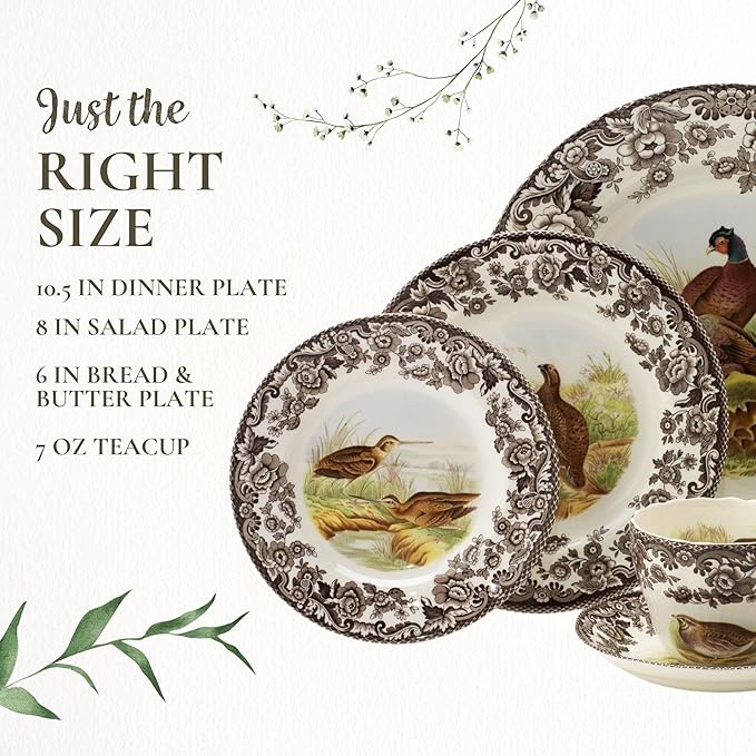 Spode Woodland 5-Piece Thanksgiving Dinnerware Set - Porcelain Plates & Teacup and Saucer, Fall Dinnerware Collection - Microwave & Dishwasher Safe - Elegant Autumn Tableware