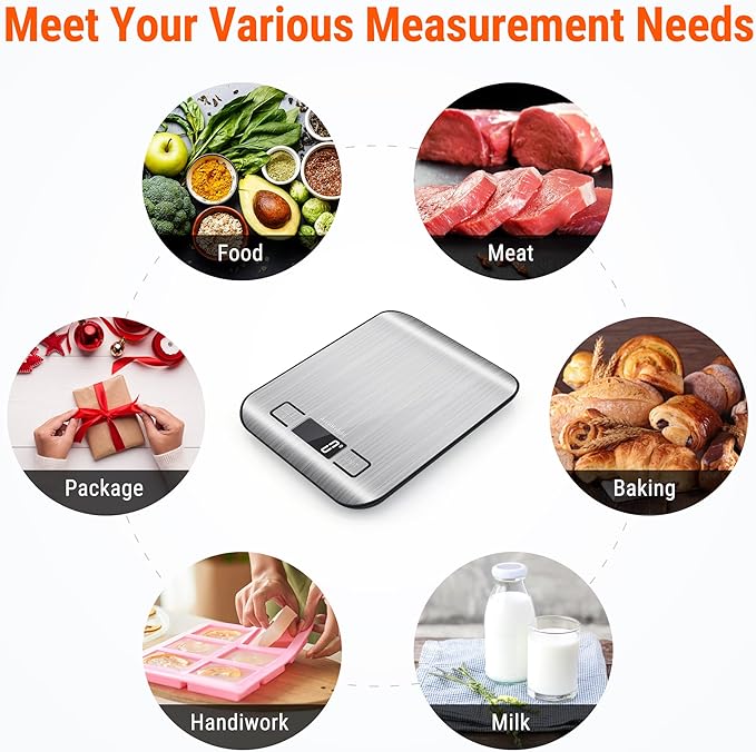 AccuWeight 211 Digital Kitchen Food Scale for Cooking Baking Coffee Scale 5000g by 1g with Tare and LCD Display Food Weight Scale, 8.11×6.42×1.18" Silvery