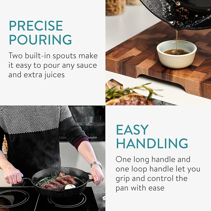 Navaris Enameled Cast Iron Skillet - 12" Frying Pan with Enamel Coated Finish - 12 inch Kitchen Cookware Fry Griddle for Stove Top and Oven - Green