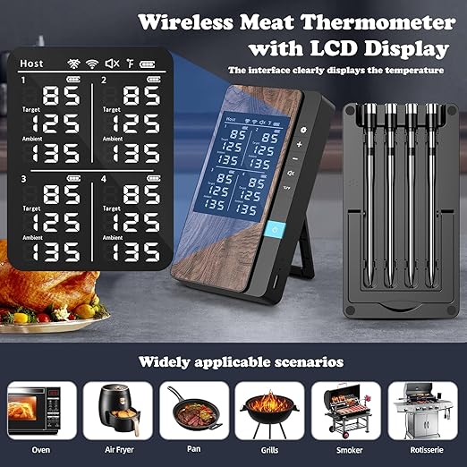 Wireless Meat Thermometer-Multi Sensors Digital Food Thermometer with Ultra-Thin Probes, Accuracy Smart Bluetooth Meat Thermometer for Steak, BBQ, Oven, Grill, Smoker (4 Probes)