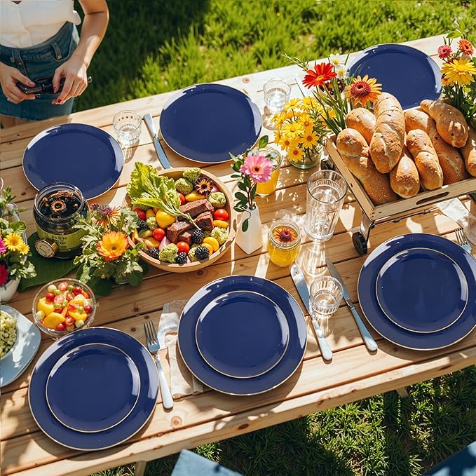 PULOTE 200 Pieces Blue Plastic Plates - Navy Blue and Gold Disposable - Include 100PCS 10 inch Dinner & 100PCS 7 inch Dessert Plate for Party & Labor Day