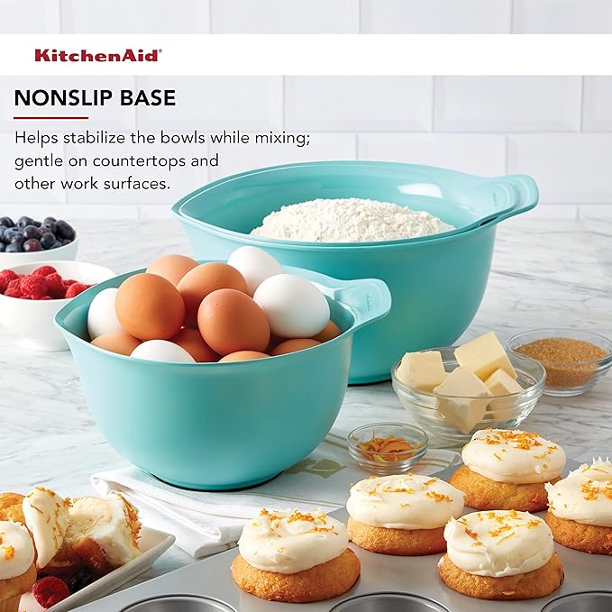 KitchenAid Universal Nesting Plastic Mixing Bowls with Non Slip Base and Pour Spout, Dishwasher Safe, Set Of 3, 2.5 quart, 3.5 quart and 4.5 quart, Aqua Sky