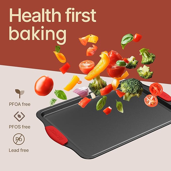 BAKKEN Cookie Sheets for Baking Nonstick Set - 3-Piece Stackable Carbon Steel Baking Sheet Pans Set with Silicone Handles, Non Toxic Cookie Sheets for Baking Bakeware Set - Gray Marble