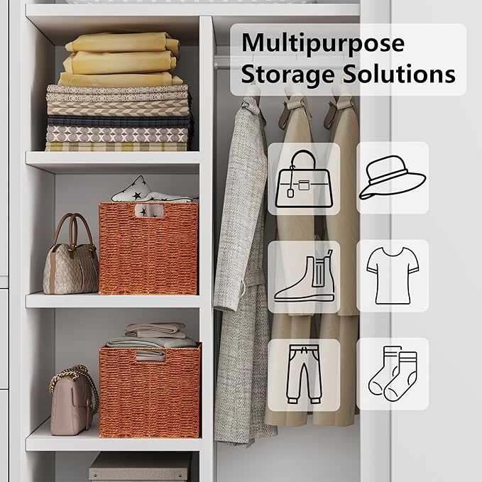 Vagusicc Wicker Storage Basket, Set of 2 Hand-Woven Paper Rope Wicker Baskets, Foldable Cube Storage Bins, 11 inch Storage Basket, Square Baskets for Organizing Shelves & Decor, Orange (11″×11″×11″)