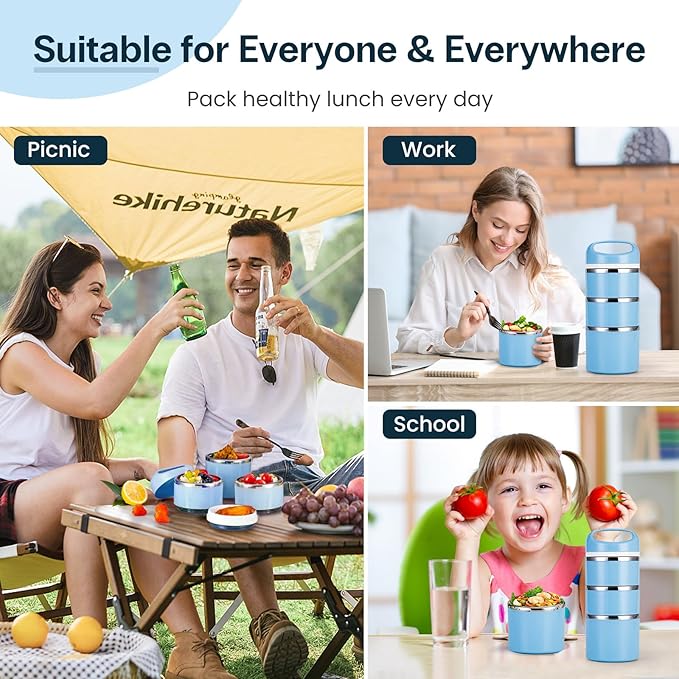 Lille Home Stackable Stainless Steel Lunch Containers, 43OZ Capacity 3 Layers Leakproof Bento Box for Adult, Portable Lunch Box for Women, Man, Travel, Office with Lunch Bag (Blue.Pro)