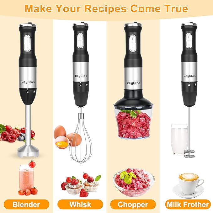 Keylitos 5 in 1 Immersion Hand Blender Mixer, [Upgraded] Handheld Stick Blender with 600ML Chopper, 800ML Beaker, Whisk and Milk Frother for Smoothie, Baby Food, Sauces Red,Puree, Soup (Black)