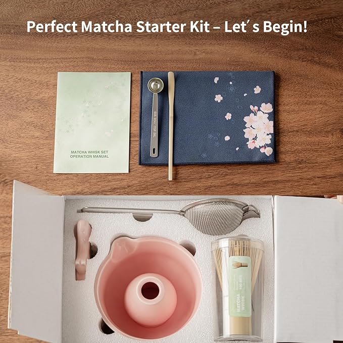 Matcha Whisk Set of 8 - HTRCXB Ceramic Matcha Set, Include Matcha Bowl, Matcha Whisk and Holder, Bamboo Scoop, Measuring Spoon, Scoop Rest, Sifter and Tea Towel - Matcha Kit Gift for Matcha Lovers