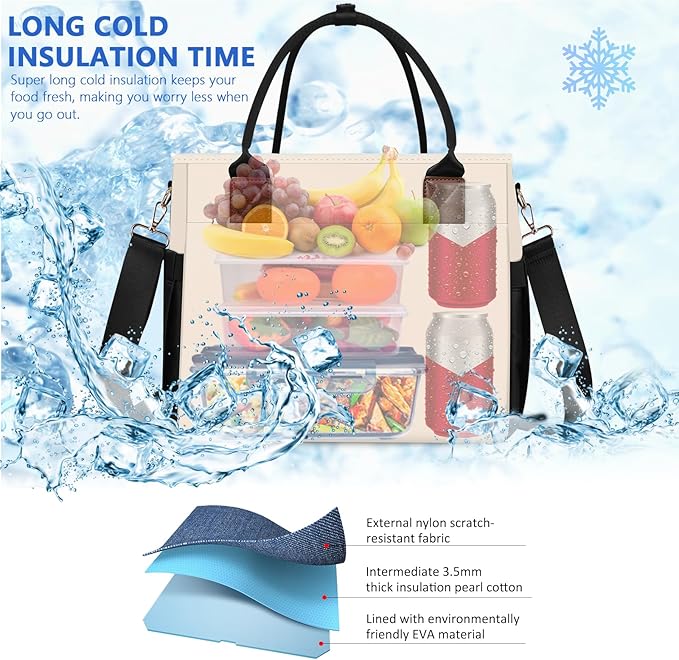 Lunch Bag Lunch Box Women - Leakproof Insulated Lunch Cooler Bag for Women - Large Lunch Tote Bags Adults, Black with Off White with Brown