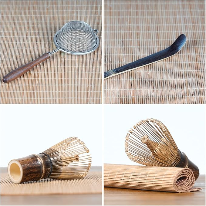 Matcha Whisk Set, 7-Piece Japanese Matcha Kit with Floral Ceramic Bowl & Holder, Natural Bamboo Matcha Whisk, Scoop, Large Bamboo Mat, Wooden Handle Sifter –Elegant Tea Ceremony Gift for Matcha Lovers