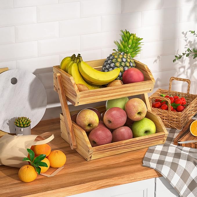 2 Tier Wooden Fruit Basket For Kitchen, Bread Vegetable Fruit Basket Bowl Stand, Farmhouse Fruit Bowl for Countertop, Large