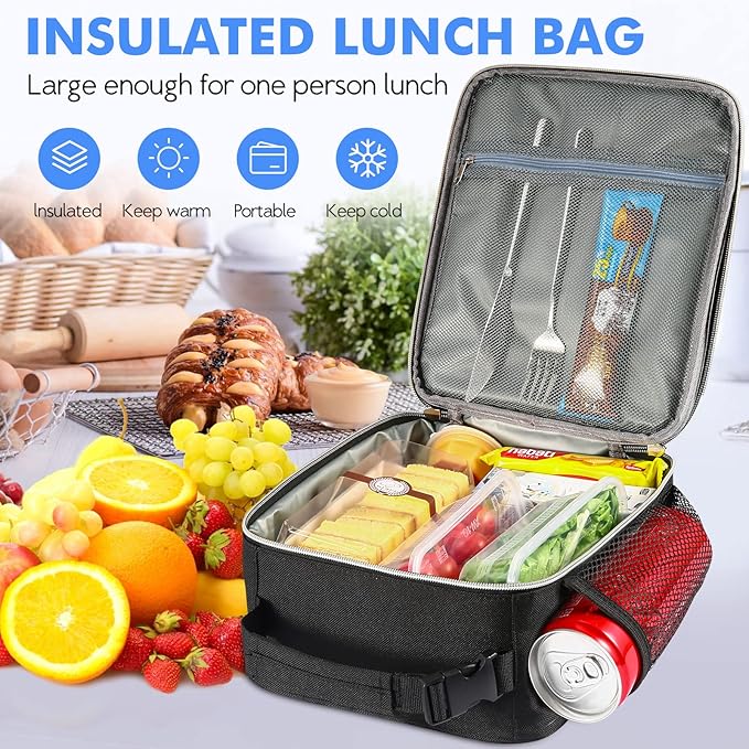 Lunch Box Insulated Lunch Bag - Durable Small Lunch Bag Reusable Adults Tote Bag Lunch Box for Adult Men Women (Black with White)