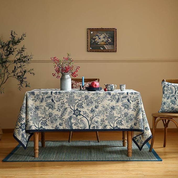 ISAENNE Designer French Linen Small Rectangular Tablecloth,Blue Floral Washable Indoor Table Cloth,Durable Home Decor Tablecloths for Dining Thanksgiving Kitchen Party Christmas,55"*71"-Ruyi B
