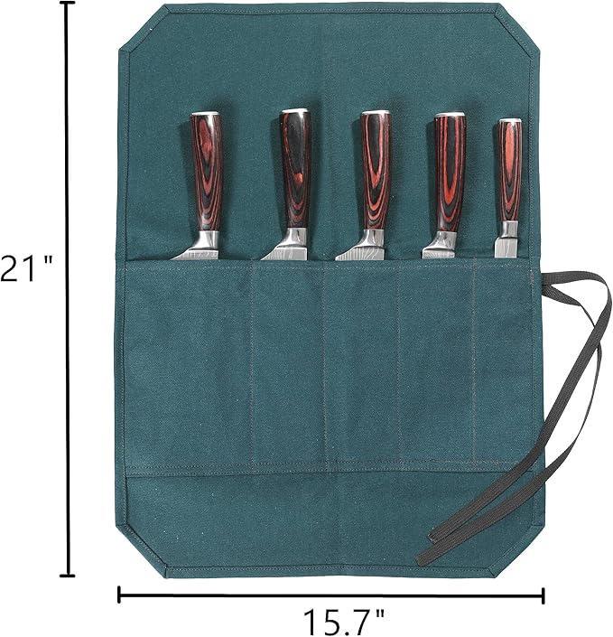 Chef's Knife Roll Bag, Heavy Duty Waxed Canvas With Cut-Resistant Lining Knife Bag (5 Slots, DarkGreen)