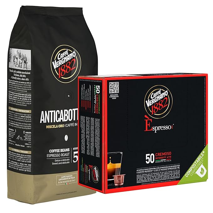 Caffe' Vergnano Whole Bean Coffee Bundle - Antica Bottega Beans 1000g bag & Cremoso Espresso Original Line Machine Compatible Capsules (50 Pack)