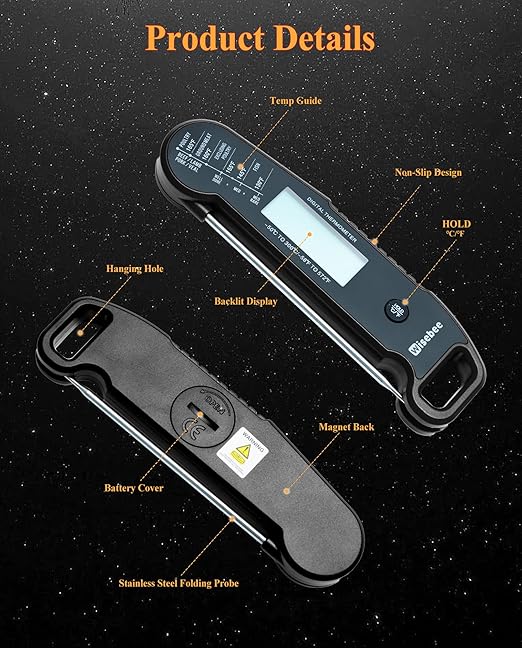 Wisebee Meat Thermometer Digital, 0.5 Sec Instant Read Waterproof Food Thermometer with 180°Auto-Rotate Backlit Display | Anti-Slip Handle | Magnetic Back | Hold Function for Cooking, Black