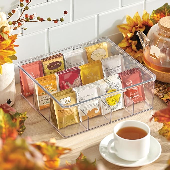mDesign Plastic Kitchen Organiser — Practical Storage Box with 12 Compartments and Hinged Lid — Pantry Storage Box with Lid for Tea, Coffee, Spices and Other Foodstuffs — Clear