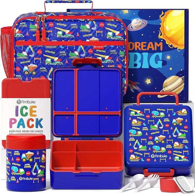 Fimibuke Kids Bento Snack Lunch Box with 4 Compartment, Insulated lunch Bag, Stainless Steel Vacuum Thermos Food Jar, Ice Pack, Utensils Set, Birthday Gift for Age 3-12 Back to School Toddler Girl Boy