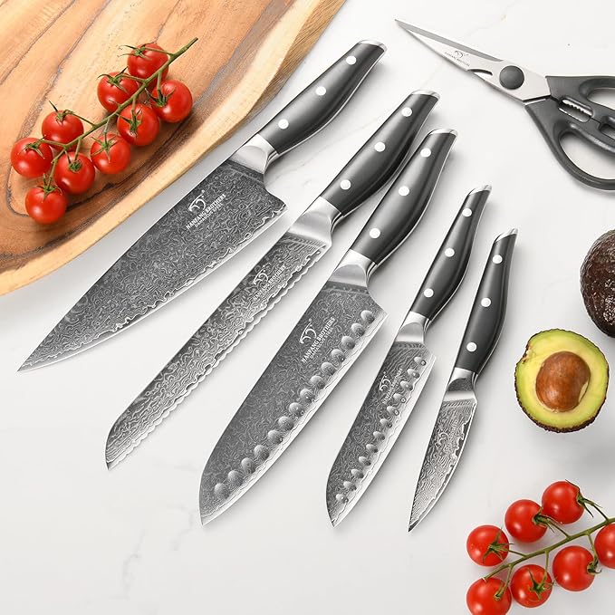 NF NANFANG BROTHERS Damascus Kitchen Knife Set, 7-Piece with Block, ABS Ergonomic Handle, Carving Fork, Disconnect-type Knife Block (Grey)